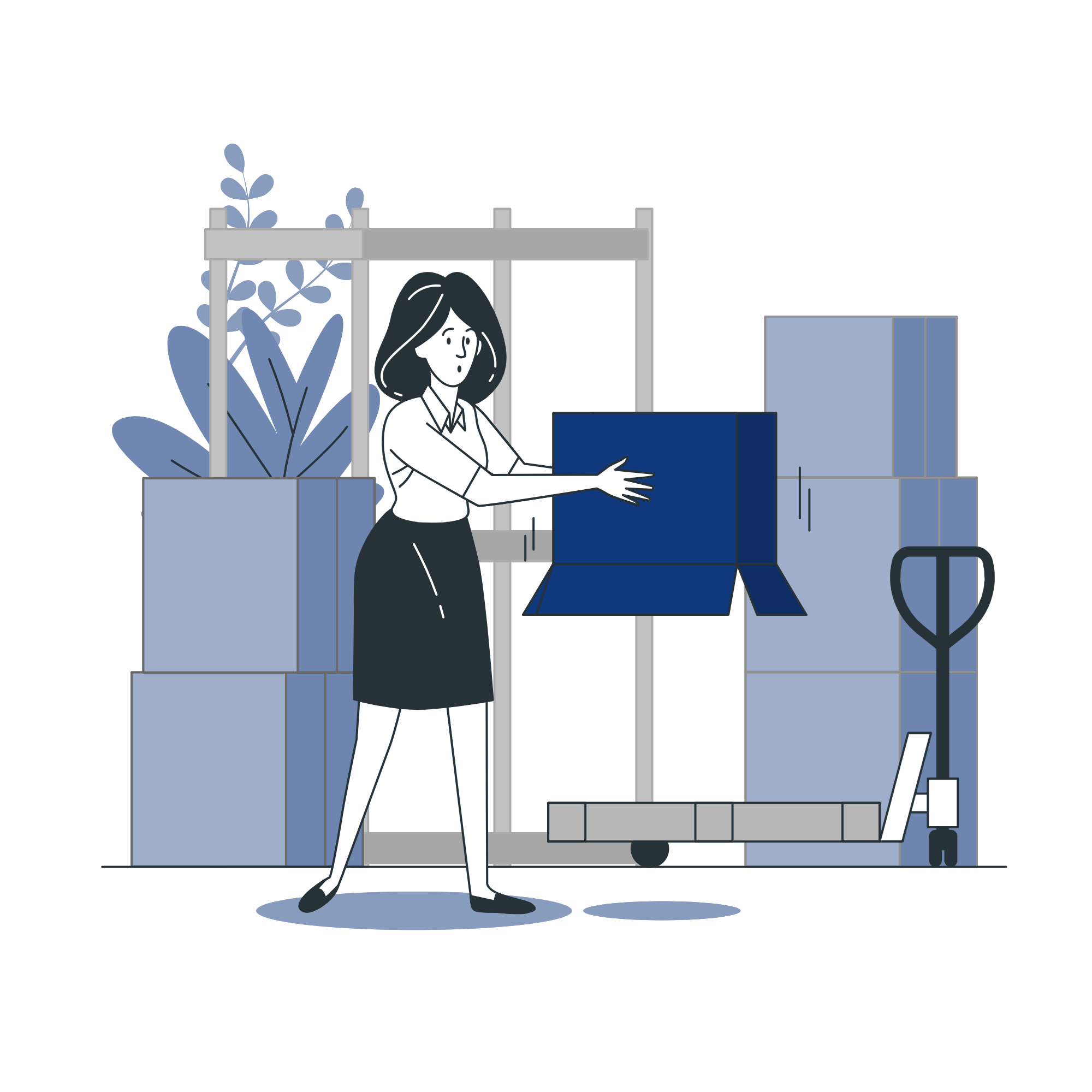 Illustração de uma mulher batendo uma caixa vazia.